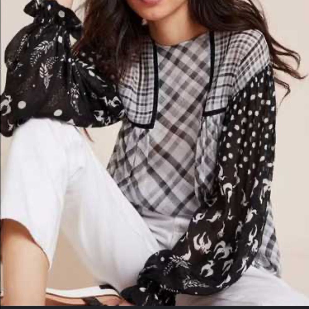 Anthropologie Black and White Mixed-Print Blouse